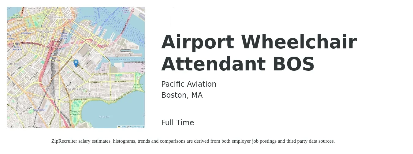 Pacific Aviation job posting for a Airport Wheelchair Attendant BOS in Boston, MA with a salary of $18 Hourly with a map of Boston location.