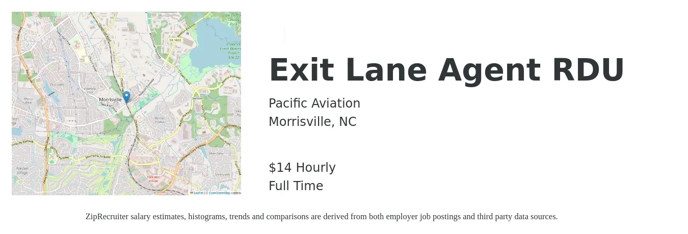 Pacific Aviation job posting for a Exit Lane Agent RDU in Morrisville, NC with a salary of $15 Hourly with a map of Morrisville location.