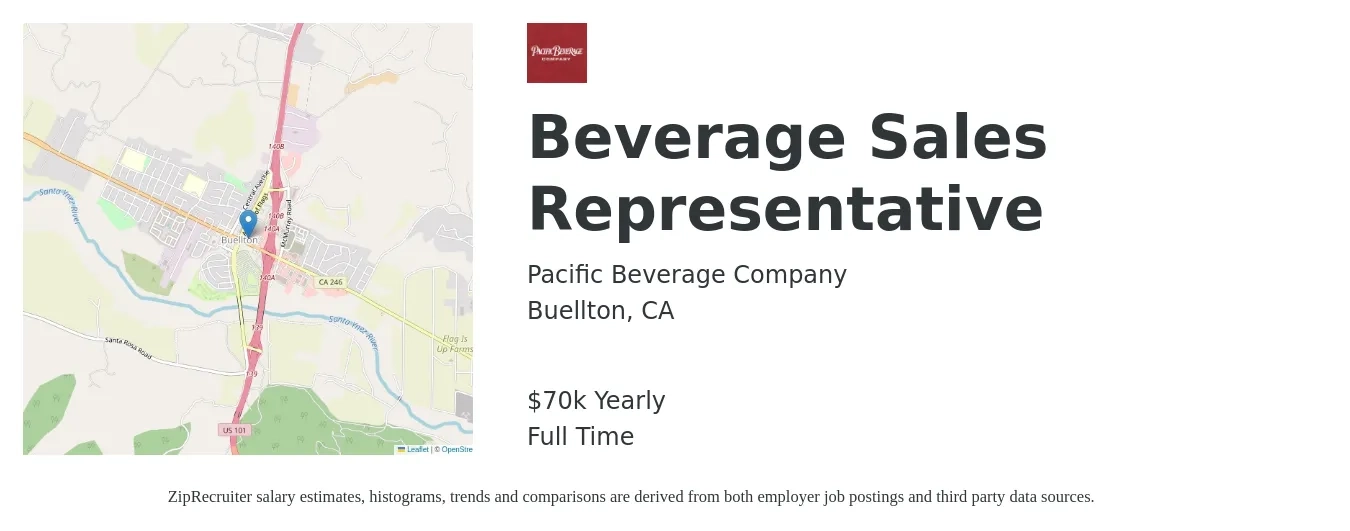 Pacific Beverage Company job posting for a Beverage Sales Representative in Buellton, CA with a salary of $23 Hourly with a map of Buellton location.