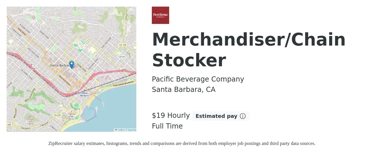 Pacific Beverage Company job posting for a Merchandiser/Chain Stocker in Santa Barbara, CA with a salary of $20 Hourly with a map of Santa Barbara location.