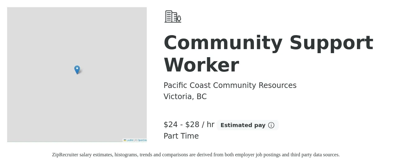 Pacific Coast Community Resources job posting for a Community Support Worker in Victoria, BC with a salary of $26 to $30 Hourly with a map of Victoria location.