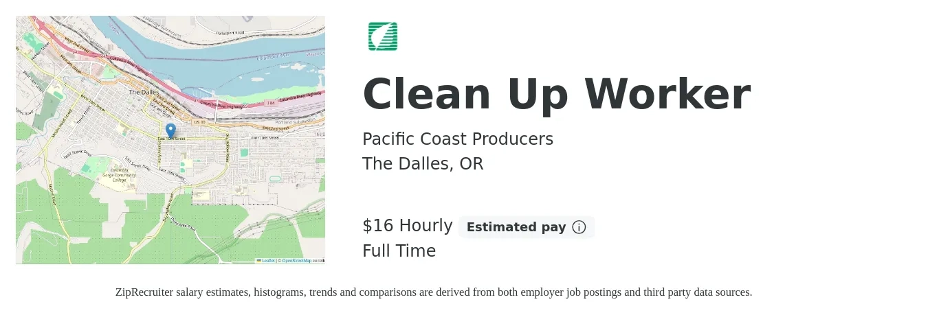 Pacific Coast Producers job posting for a Clean Up Worker in The Dalles, OR with a salary of $18 Hourly with a map of The Dalles location.