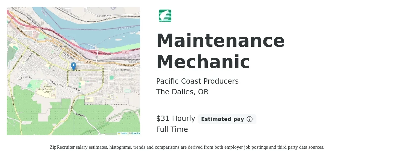 Pacific Coast Producers job posting for a Maintenance Mechanic in The Dalles, OR with a salary of $33 Hourly with a map of The Dalles location.