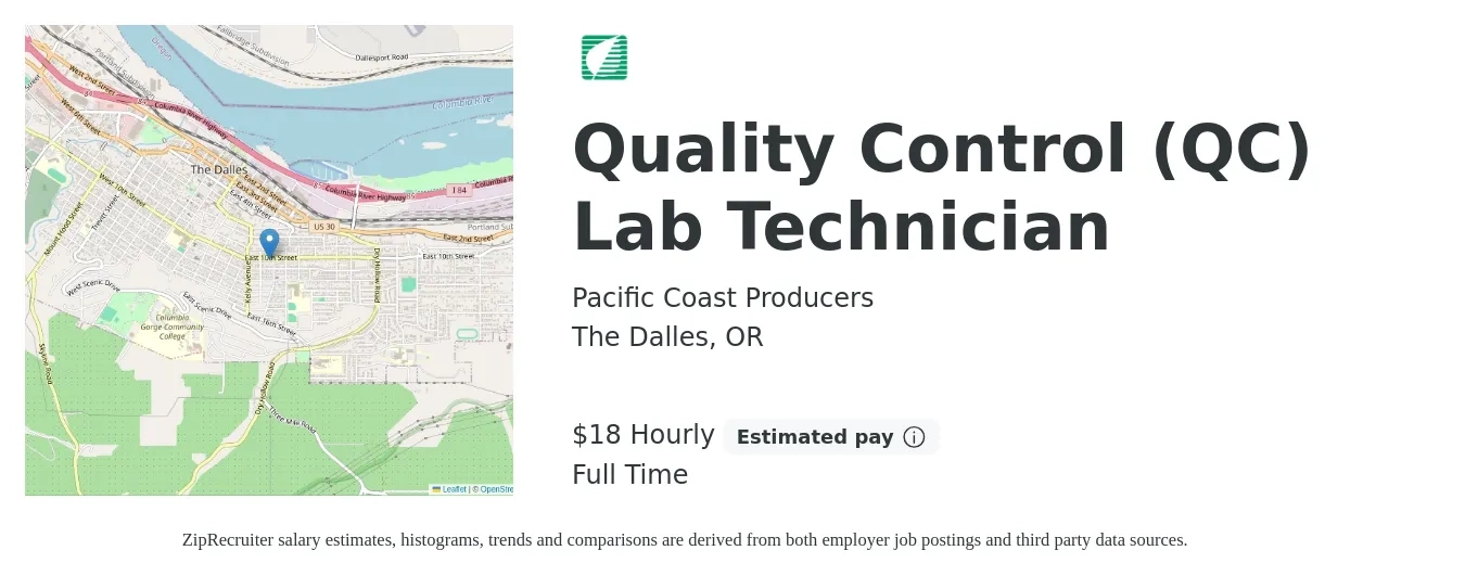 Pacific Coast Producers job posting for a Quality Control (QC) Lab Technician in The Dalles, OR with a salary of $19 Hourly with a map of The Dalles location.