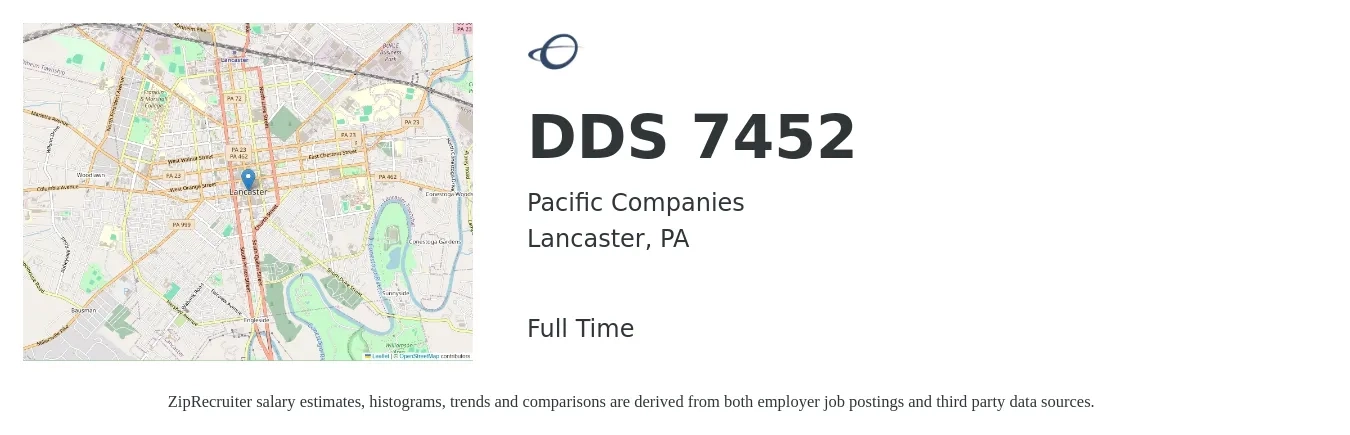 Pacific Companies job posting for a DDS 7452 in Lancaster, PA with a salary of $150,600 to $243,400 Yearly with a map of Lancaster location.