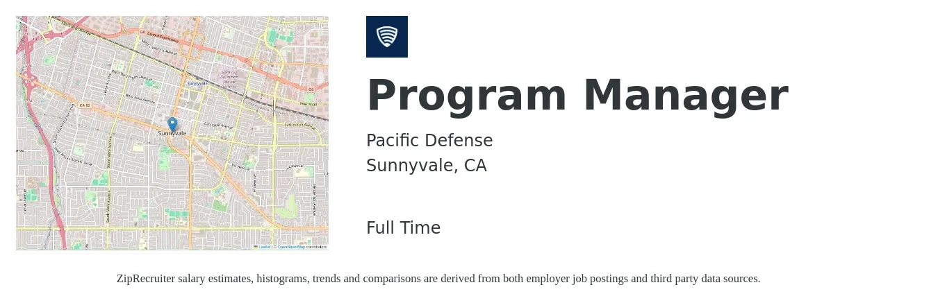 Pacific Defense job posting for a Program Manager in Sunnyvale, CA with a salary of $93,300 to $155,500 Yearly with a map of Sunnyvale location.