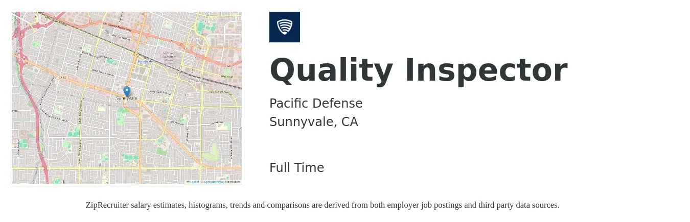 Pacific Defense job posting for a Quality Inspector in Sunnyvale, CA with a salary of $20 to $28 Hourly with a map of Sunnyvale location.