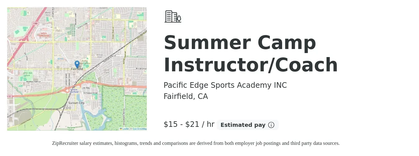 Pacific Edge Sports Academy INC job posting for a Summer Camp Instructor/Coach in Fairfield, CA with a salary of $16 to $22 Hourly with a map of Fairfield location.