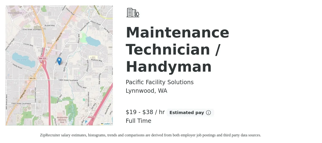 Pacific Facility Solutions job posting for a Maintenance Technician / Handyman in Lynnwood, WA with a salary of $20 to $40 Hourly with a map of Lynnwood location.