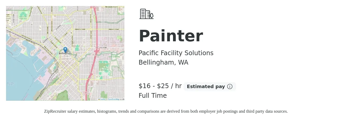 Pacific Facility Solutions job posting for a Painter in Bellingham, WA with a salary of $17 to $27 Hourly with a map of Bellingham location.