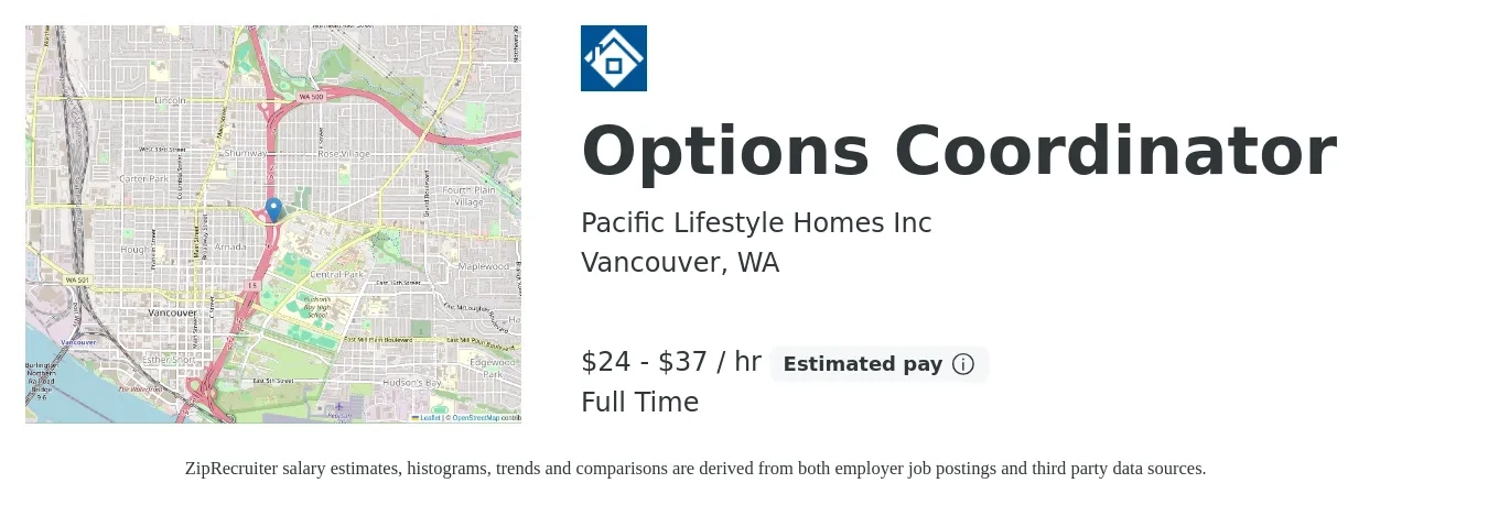 Pacific Lifestyle Homes Inc job posting for a Options Coordinator in Vancouver, WA with a salary of $25 to $38 Hourly with a map of Vancouver location.