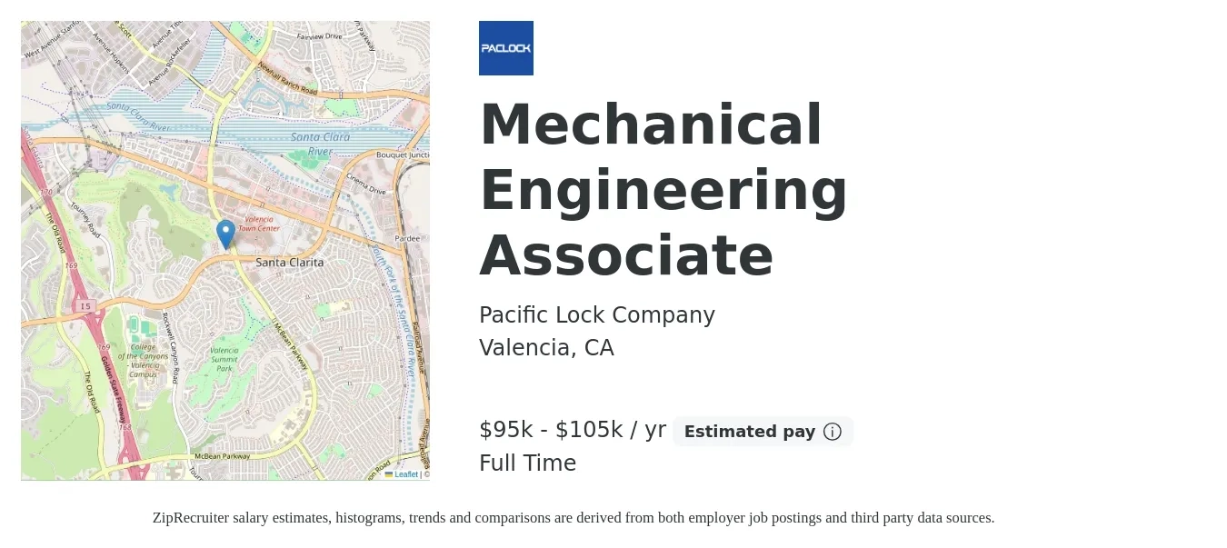 Pacific Lock Company job posting for a Mechanical Engineering Associate in Valencia, CA with a salary of $95,000 to $105,000 Yearly with a map of Valencia location.