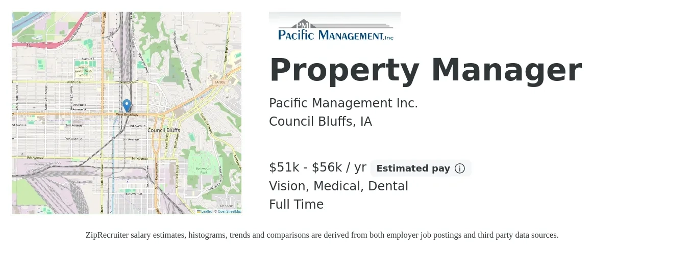 Pacific Management Inc. job posting for a Property Manager in Council Bluffs, IA with a salary of $51,000 to $56,000 Yearly and benefits including medical, pto, retirement, vision, dental, and life_insurance with a map of Council Bluffs location.
