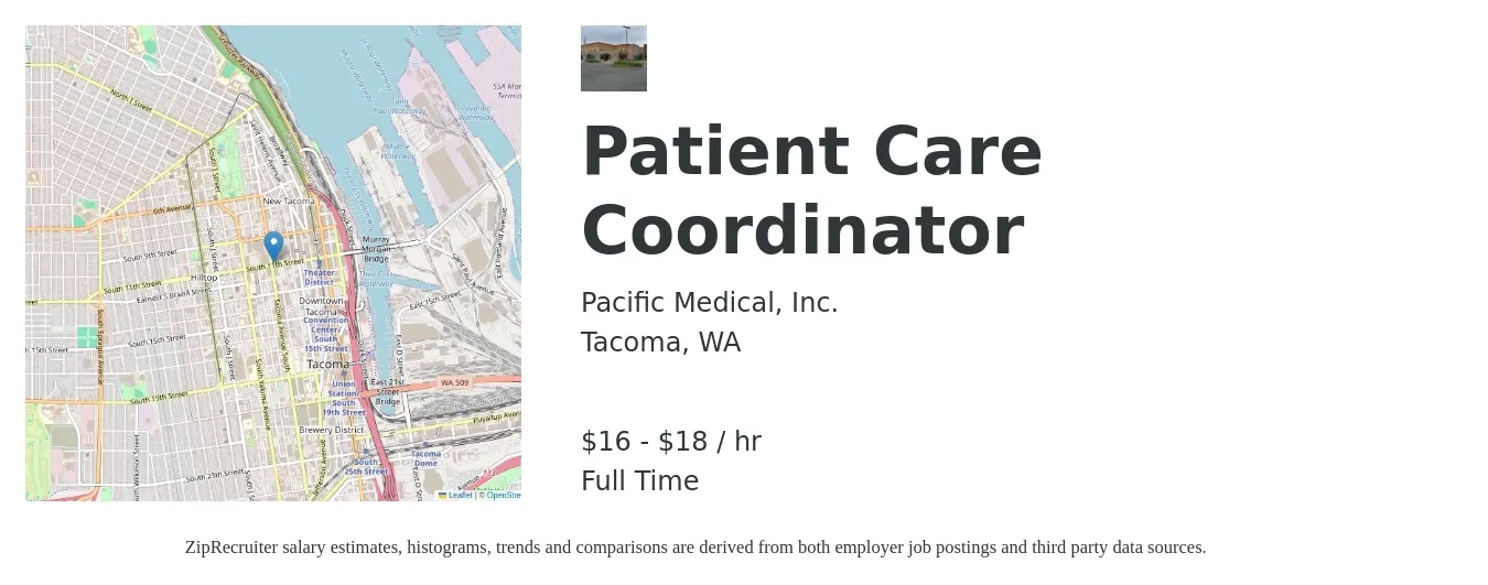 Pacific Medical, Inc. job posting for a Patient Care Coordinator in Tacoma, WA with a salary of $19 to $25 Hourly with a map of Tacoma location.
