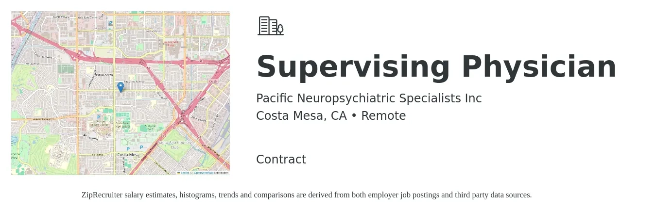 Pacific Neuropsychiatric Specialists Inc job posting for a Supervising Physician in Costa Mesa, CA with a salary of $1,000 to $4,000 Monthly with a map of Costa Mesa location.