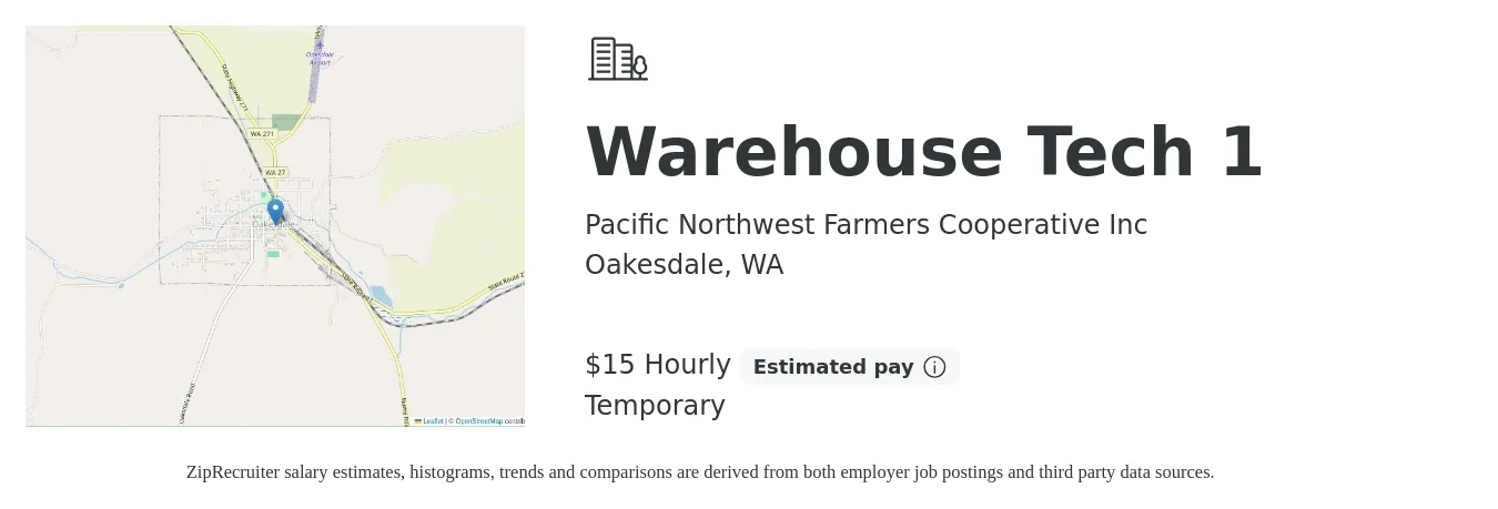 Pacific Northwest Farmers Cooperative Inc job posting for a Warehouse Tech 1 in Oakesdale, WA with a salary of $16 Hourly with a map of Oakesdale location.