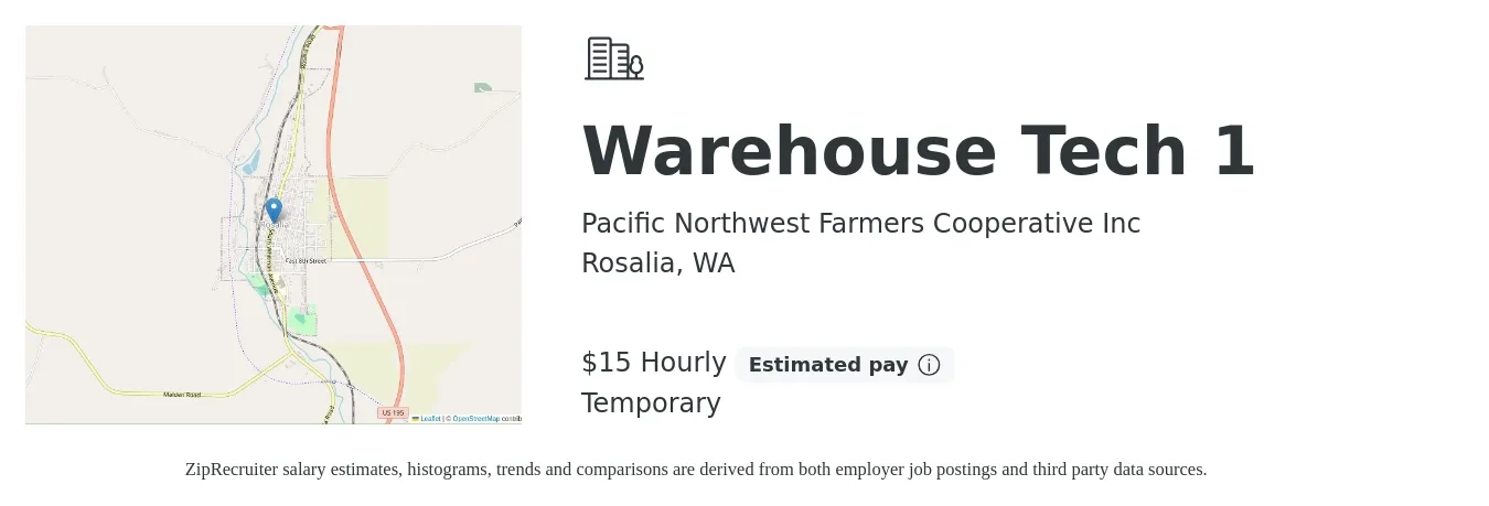 Pacific Northwest Farmers Cooperative Inc job posting for a Warehouse Tech 1 in Rosalia, WA with a salary of $16 Hourly with a map of Rosalia location.