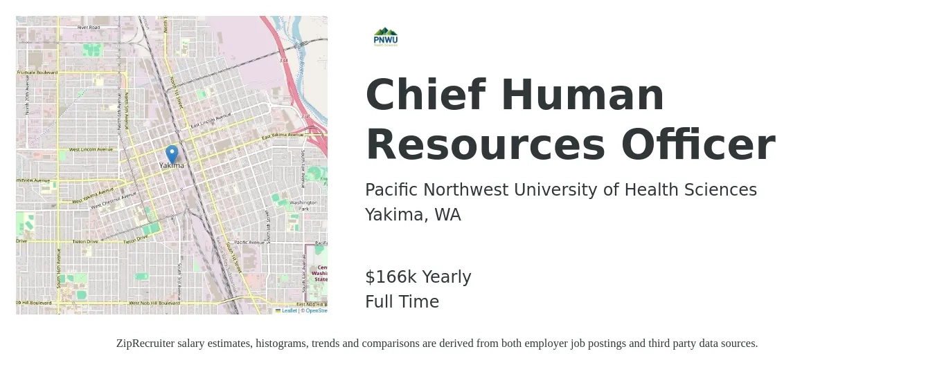 Pacific Northwest University of Health Sciences job posting for a Chief Human Resources Officer in Yakima, WA with a salary of $166,400 Yearly with a map of Yakima location.