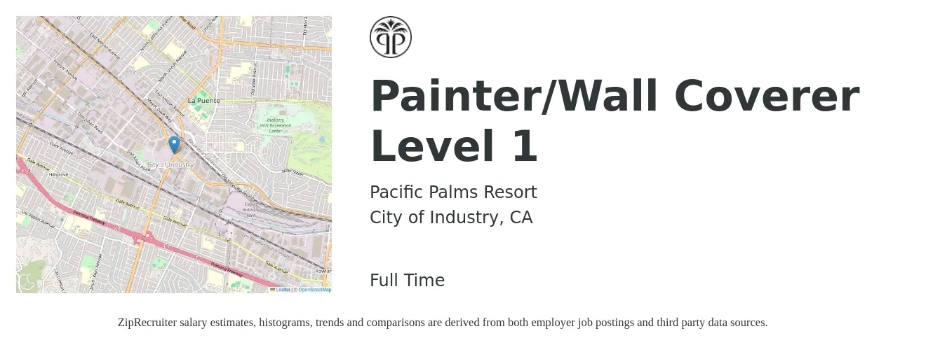 Pacific Palms Resort job posting for a Painter/Wall Coverer Level 1 in City of Industry, CA with a salary of $18 to $25 Hourly with a map of City of Industry location.