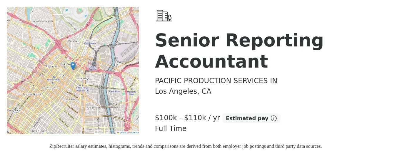 PACIFIC PRODUCTION SERVICES IN job posting for a Senior Reporting Accountant in Los Angeles, CA with a salary of $100,000 to $110,000 Yearly with a map of Los Angeles location.
