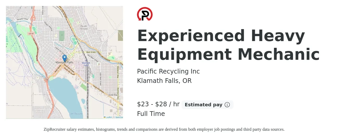 Pacific Recycling Inc job posting for a Experienced Heavy Equipment Mechanic in Klamath Falls, OR with a salary of $24 to $30 Hourly with a map of Klamath Falls location.