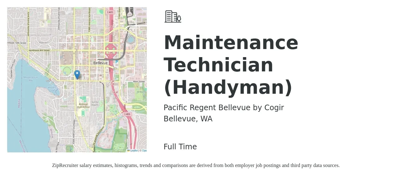 Pacific Regent Bellevue by Cogir job posting for a Maintenance Technician (Handyman) in Bellevue, WA with a salary of $28 Hourly with a map of Bellevue location.