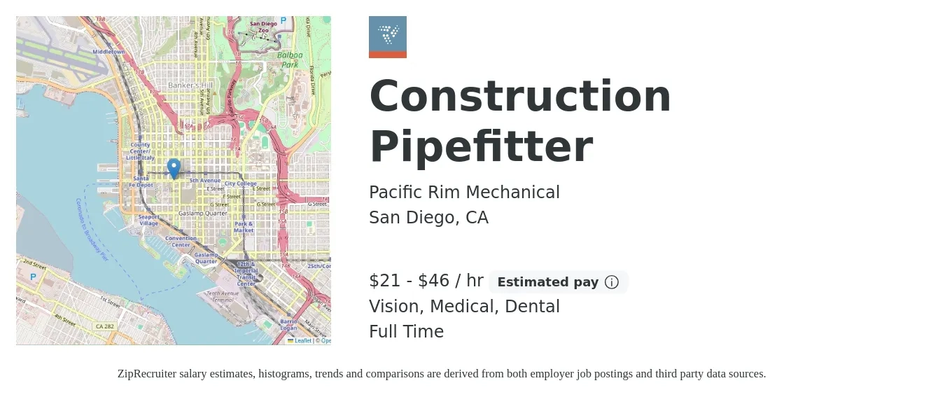 Pacific Rim Mechanical job posting for a Construction Pipefitter in San Diego, CA with a salary of $22 to $48 Hourly and benefits including retirement, vision, dental, life_insurance, and medical with a map of San Diego location.
