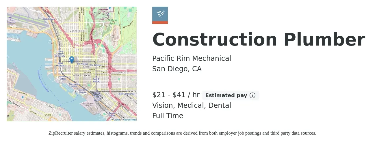 Pacific Rim Mechanical job posting for a Construction Plumber in San Diego, CA with a salary of $22 to $43 Hourly and benefits including retirement, vision, dental, life_insurance, and medical with a map of San Diego location.