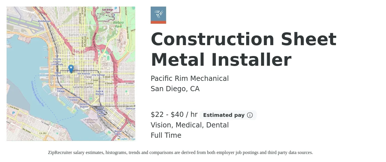 Pacific Rim Mechanical job posting for a Construction Sheet Metal Installer in San Diego, CA with a salary of $23 to $42 Hourly and benefits including dental, life_insurance, medical, retirement, and vision with a map of San Diego location.