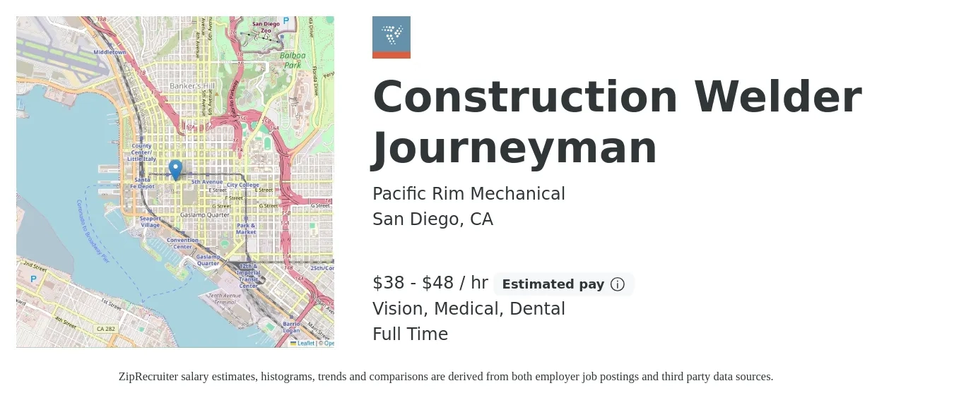 Pacific Rim Mechanical job posting for a Construction Welder Journeyman in San Diego, CA with a salary of $40 to $50 Hourly and benefits including vision, dental, life_insurance, medical, and retirement with a map of San Diego location.