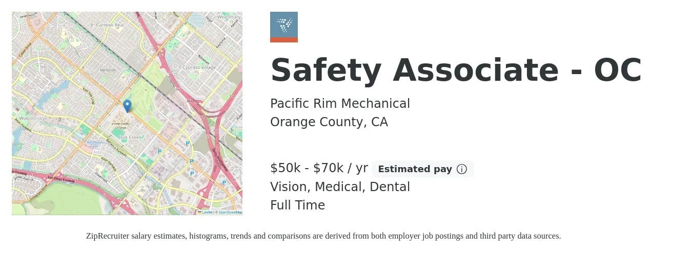 Pacific Rim Mechanical job posting for a Safety Associate - OC in Orange County, CA with a salary of $50,000 to $70,000 Yearly and benefits including dental, life_insurance, medical, retirement, and vision with a map of Orange County location.