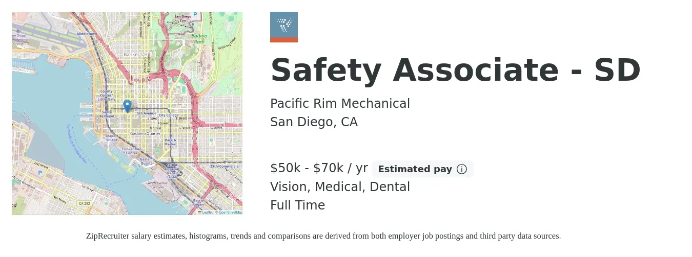 Pacific Rim Mechanical job posting for a Safety Associate - SD in San Diego, CA with a salary of $50,000 to $70,000 Yearly and benefits including dental, life_insurance, medical, retirement, and vision with a map of San Diego location.