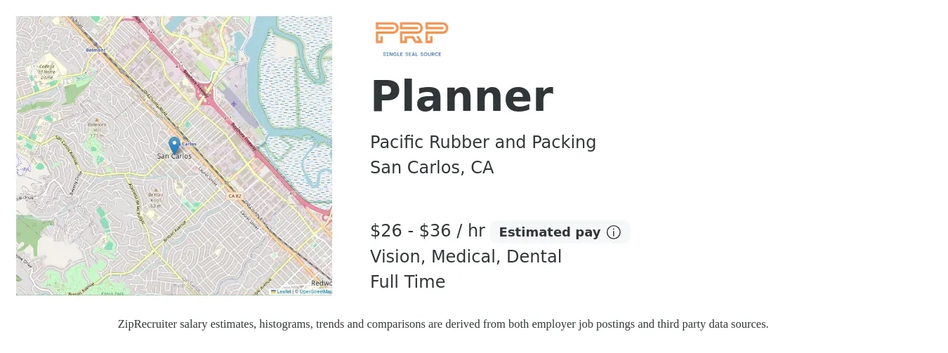 Pacific Rubber and Packing job posting for a Planner in San Carlos, CA with a salary of $28 to $38 Hourly and benefits including dental, life_insurance, medical, pto, retirement, and vision with a map of San Carlos location.