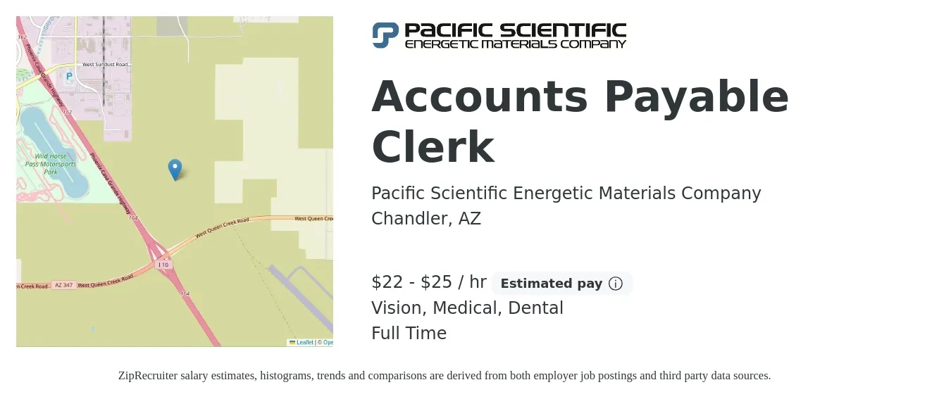 Pacific Scientific Energetic Materials Company job posting for a Accounts Payable Clerk in Chandler, AZ with a salary of $23 to $27 Hourly and benefits including vision, dental, life_insurance, medical, and retirement with a map of Chandler location.