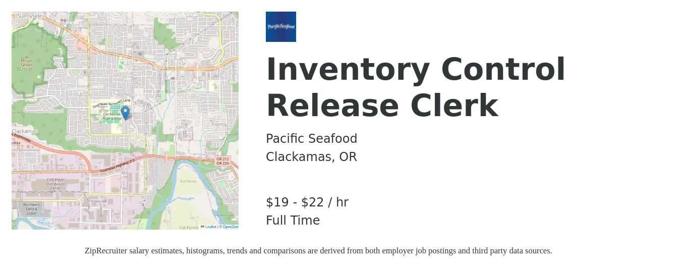 Pacific Seafood job posting for a Inventory Control Release Clerk in Clackamas, OR with a salary of $20 to $23 Yearly with a map of Clackamas location.