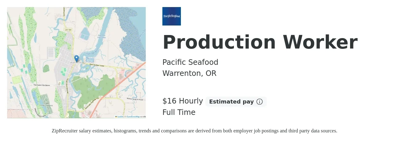 Pacific Seafood job posting for a Production Worker in Warrenton, OR with a salary of $17 Hourly with a map of Warrenton location.