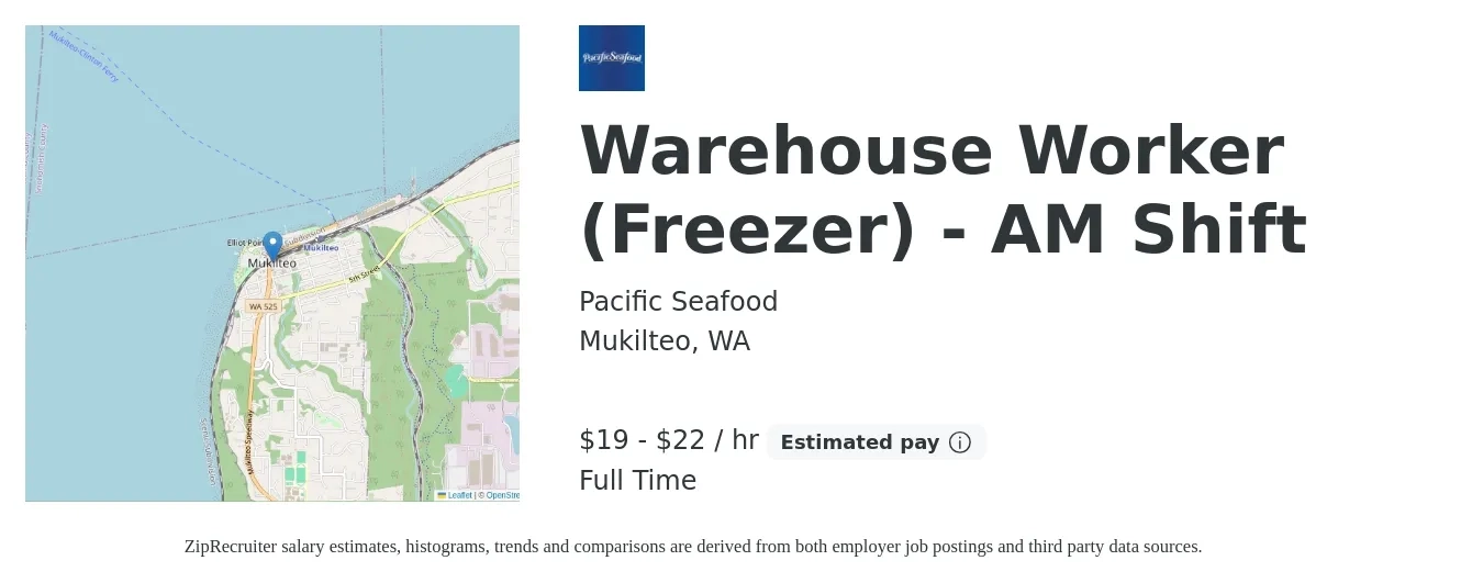 Pacific Seafood job posting for a Warehouse Worker (Freezer) - AM Shift in Mukilteo, WA with a salary of $20 to $23 Hourly with a map of Mukilteo location.