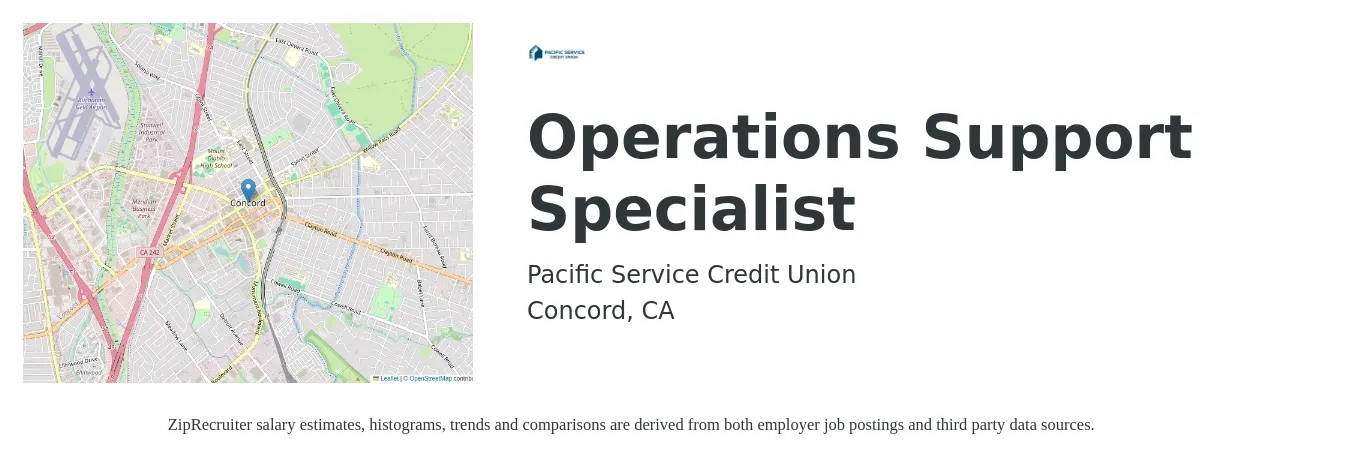 Pacific Service Credit Union job posting for a Operations Support Specialist in Concord, CA with a salary of $41,454 to $79,500 Yearly with a map of Concord location.