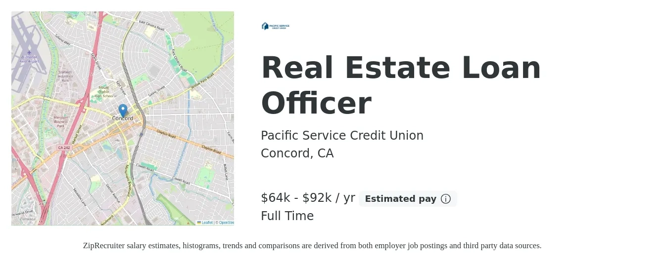 Pacific Service Credit Union job posting for a Real Estate Loan Officer in Concord, CA with a salary of $64,750 to $92,500 Yearly with a map of Concord location.