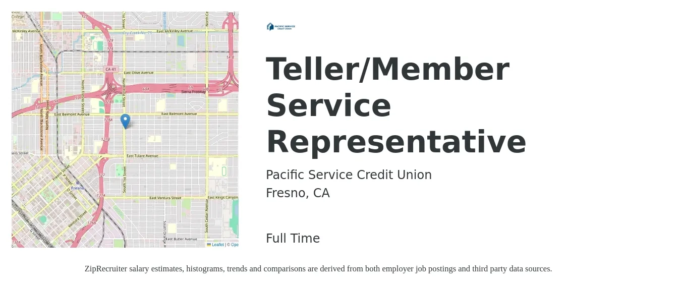Pacific Service Credit Union job posting for a Teller/Member Service Representative in Fresno, CA with a salary of $36,488 to $72,000 Yearly with a map of Fresno location.