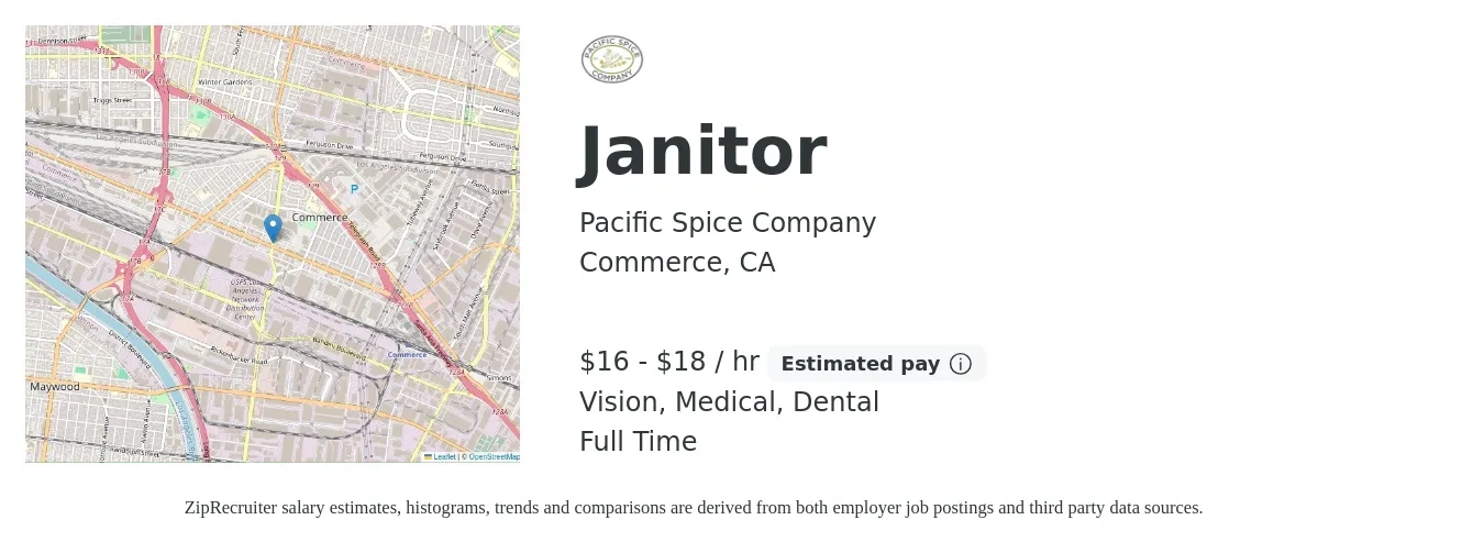 Pacific Spice Company job posting for a Janitor in Commerce, CA with a salary of $17 to $19 Hourly and benefits including dental, life_insurance, medical, retirement, and vision with a map of Commerce location.