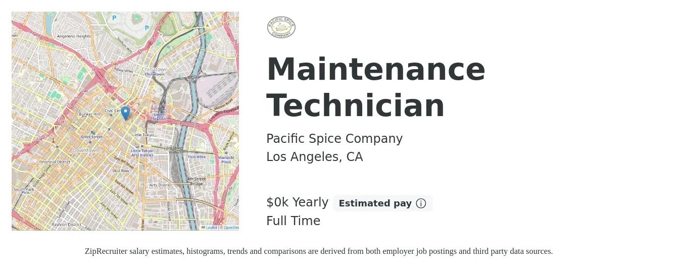 Pacific Spice Company job posting for a Maintenance Technician in Los Angeles, CA with a salary of $21 to $30 Yearly with a map of Los Angeles location.