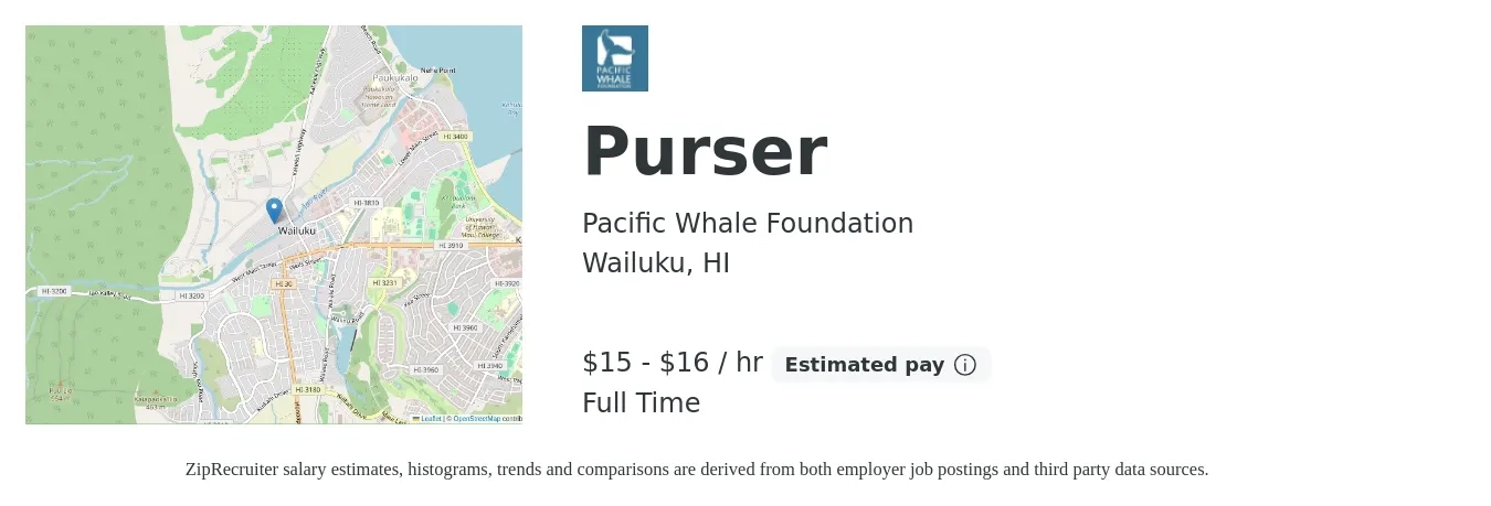 Pacific Whale Foundation job posting for a Purser in Wailuku, HI with a salary of $16 to $17 Hourly with a map of Wailuku location.