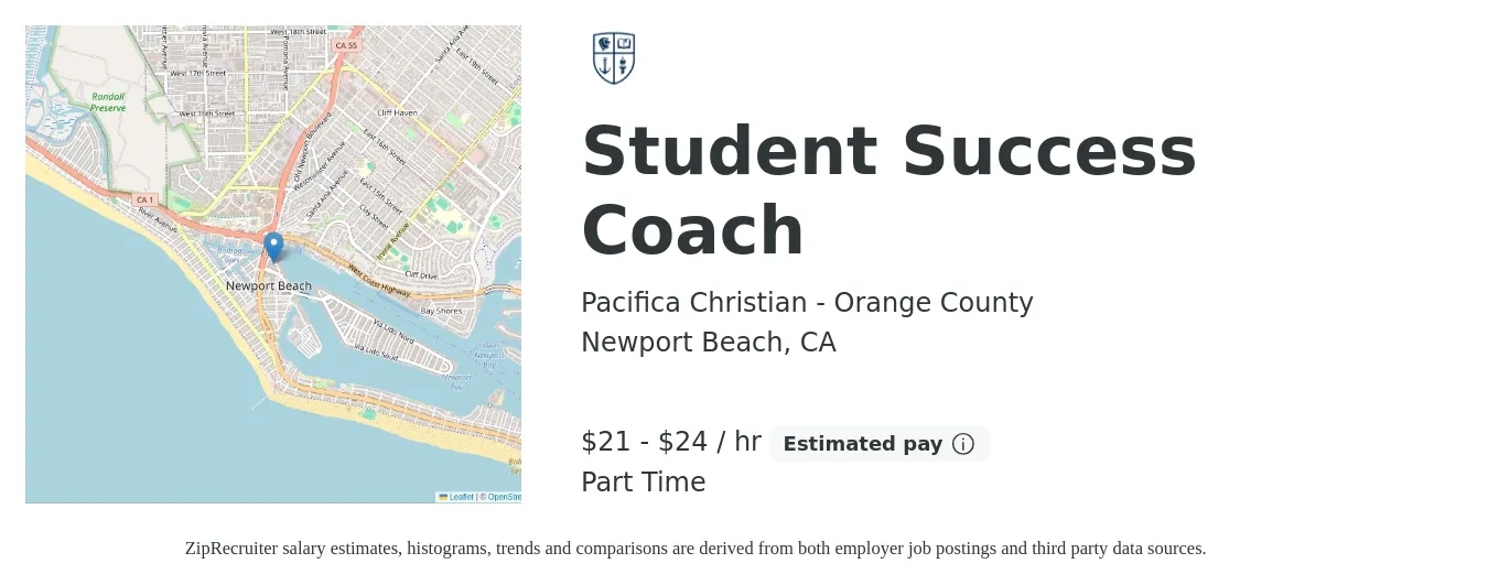Pacifica Christian - Orange County job posting for a Student Success Coach in Newport Beach, CA with a salary of $22 to $25 Hourly with a map of Newport Beach location.