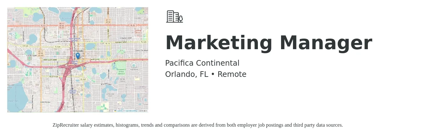 Pacifica Continental job posting for a Marketing Manager in Orlando, FL with a salary of $56,000 to $91,500 Yearly with a map of Orlando location.
