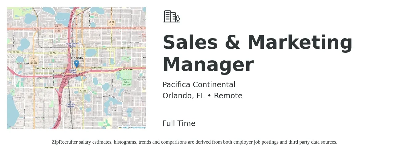 Pacifica Continental job posting for a Sales & Marketing Manager in Orlando, FL with a salary of $44,300 to $74,200 Yearly with a map of Orlando location.
