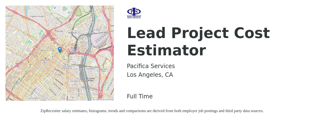 Pacifica Services job posting for a Lead Project Cost Estimator in Los Angeles, CA with a salary of $72,200 to $112,100 Yearly with a map of Los Angeles location.