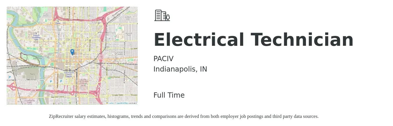 PACIV job posting for a Electrical Technician in Indianapolis, IN with a salary of $22 to $32 Hourly with a map of Indianapolis location.