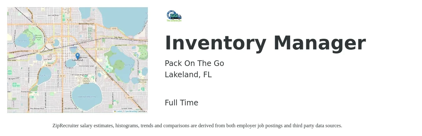 Pack On The Go job posting for a Inventory Manager in Lakeland, FL with a salary of $37,300 to $59,700 Yearly with a map of Lakeland location.
