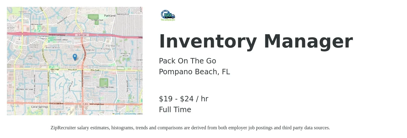 Pack On The Go job posting for a Inventory Manager in Pompano Beach, FL with a salary of $20 to $25 Hourly with a map of Pompano Beach location.